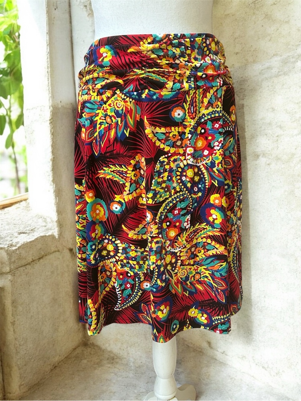 Paralelle Boho Multicolor Vibrant Floral Paisley Jersey Knit A line Skirt NWT/XL